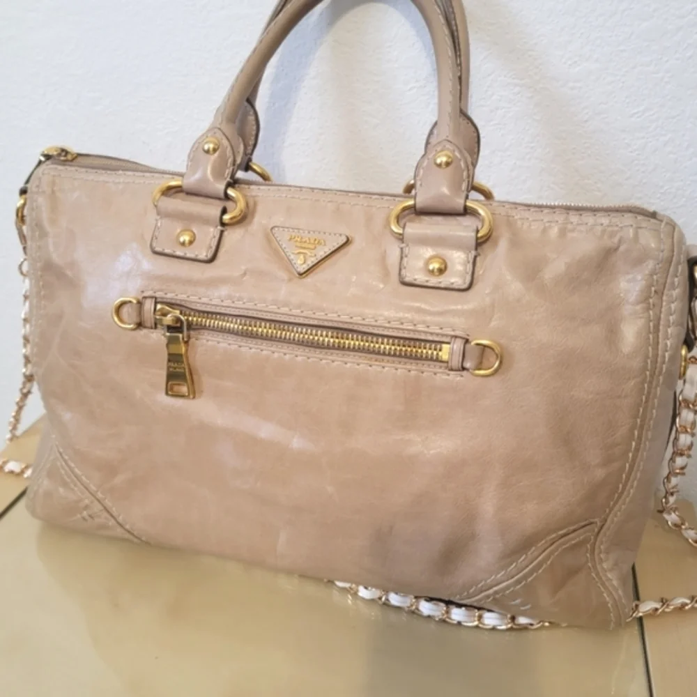 ✨PRADA✨Vitella Satchel Large Calf Leather Tote Soft Metallic Gold - Picture 5 of 15